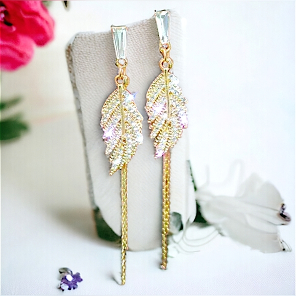 Gold-plated Crystal Leaf Drop earrings with silver post BOGO - Picture 1 of 12